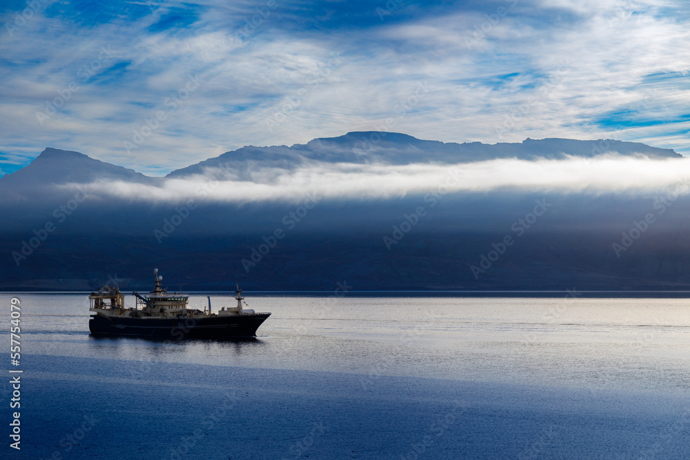 Fishing boat sailing into the port of Neskaupstadur in the fjord of North Iceland