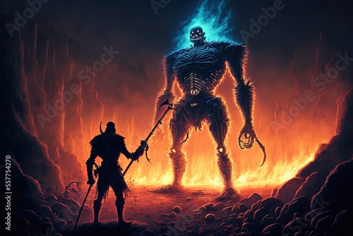 A man fights with a giant skeleton