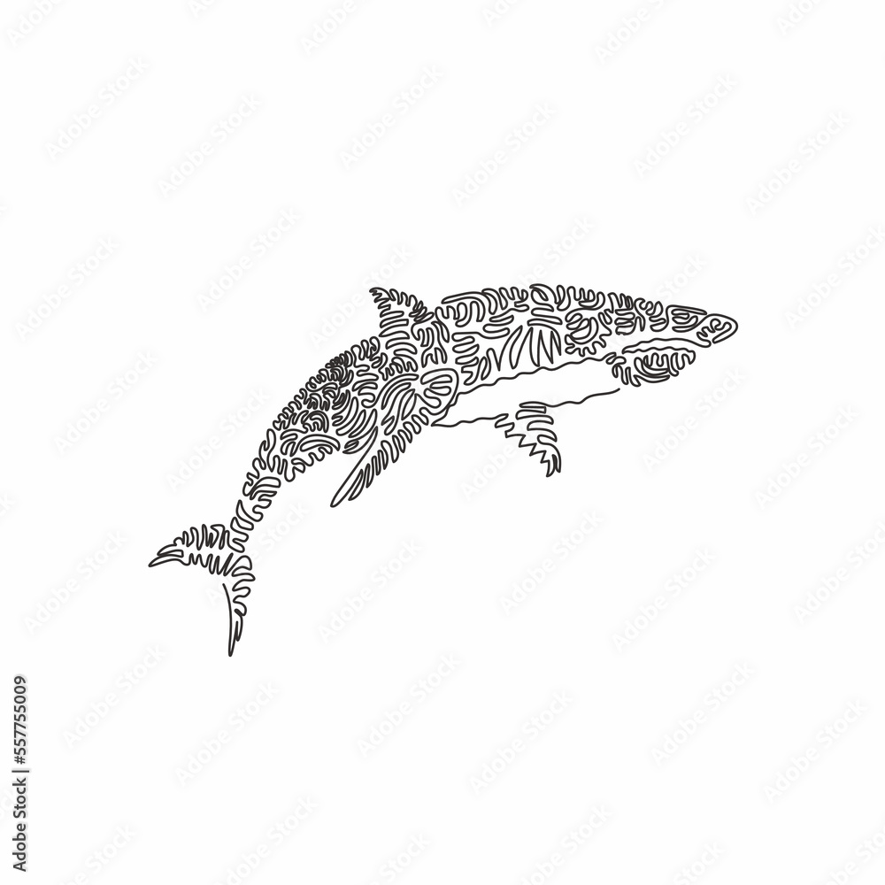 Fototapeta premium Continuous curve one line drawing of fierce shark, curve abstract art. Single line editable stroke vector illustration of dangerous sharks for logo, wall decor and poster print decoration