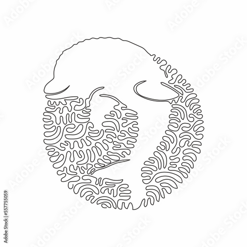 Single one curly line drawing of bottlenose dolphin abstract art. Continuous line draw graphic design vector illustration of intelligent mammal for icon, symbol, company logo, and pet lover club