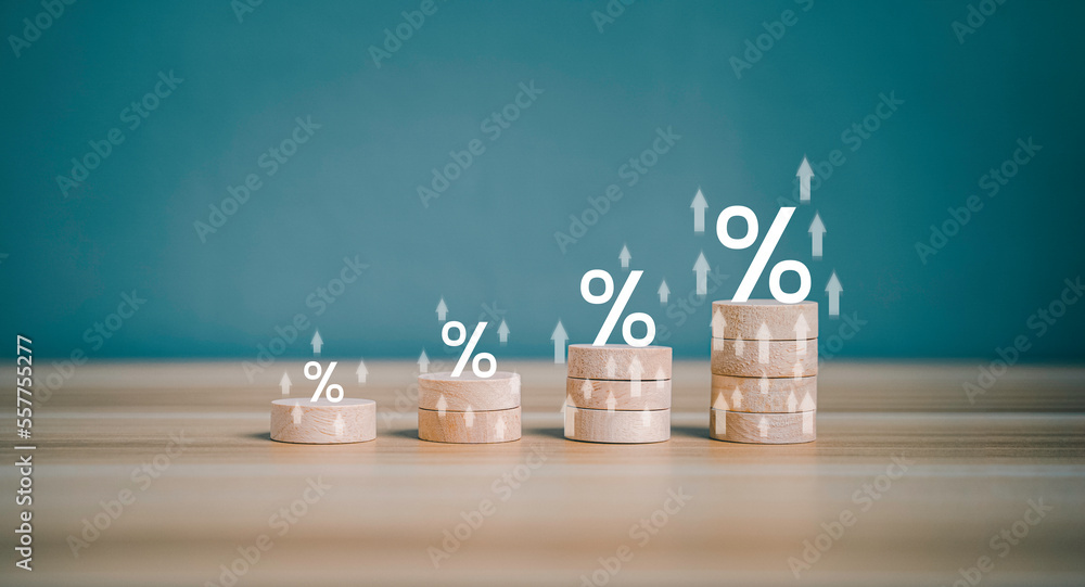 Interest rate financial and mortgage rates concept. Wooden block increasing on top with percentage symbol and arrow upward direction. Return on stocks and mutual funds from business growth concept. - obrazy, fototapety, plakaty 