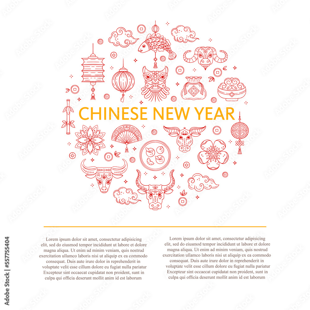 Chinese New year greeting cards with circle ornament and text. Year of ox