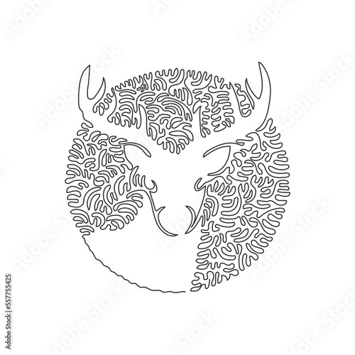 Continuous one curve line drawing of adorable deer, abstract art in circle. Single line editable stroke vector illustration of impressive antlers for logo, wall decor and poster print decoration