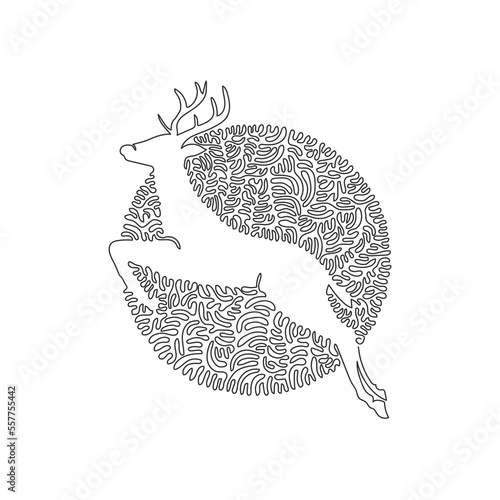 Continuous curve one line drawing of running deer abstract art in circle. Single line editable stroke vector illustration of herbivores mammal for logo, wall decor and poster print decoration