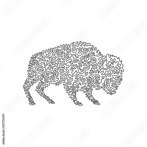 Single one curly line drawing of scary bison abstract art. Continuous line draw graphic design vector illustration of bison huge and muscular for icon, symbol, company logo, poster print decoration