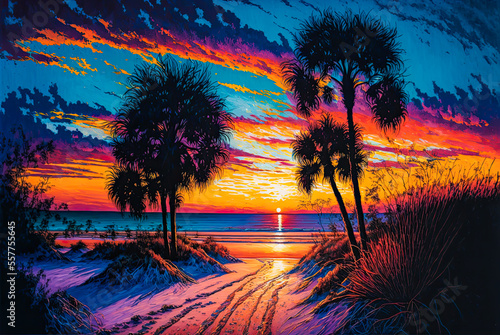 Florida beach at sunset with silhouette palm trees, acrylic painting. Generative AI