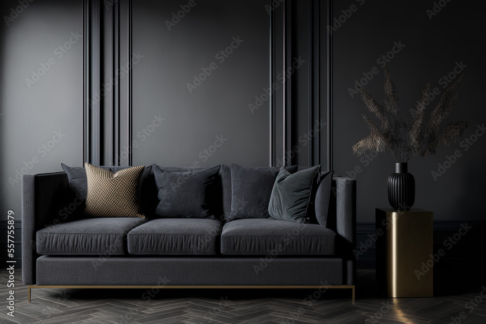 Gray and black living room hues. blank interior of a dark room. a minimalistic design. Sofa in graphite with beige herringbone trim. Generative AI Gray and black living room hues. blank interior of a dark room. a minimalistic design. Sofa in graphite with beige herringbone trim. Generative AI