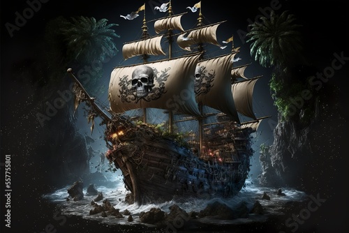 Pirate sailing ship gold and silver logo in Neverland with black background photo