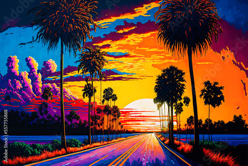 Florida highway, acrylic painting. Generative AI