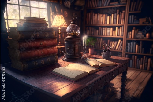 Fantasy study for roleplaying experiences with books, lamps, potions in a library about dragons