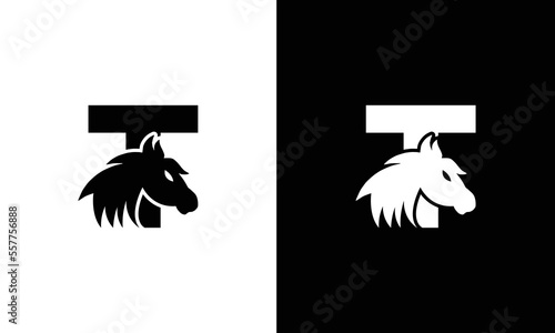 Initial letter T with horse vector logo design. Horse Letter T Illustration Template Icon emblem Isolated.