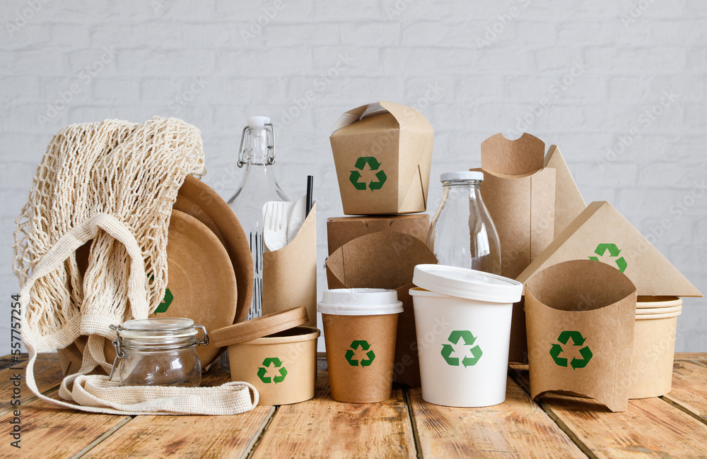 Zero waste and recycling concept. Disposable tableware and items made