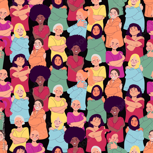 Embrace equity seamless pattern with girls vector illustration. Diverse women hugging herself. International women's day campaign. Isolated on black background