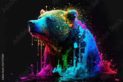Painted animal with paint splash painting technique on colorful background Bear