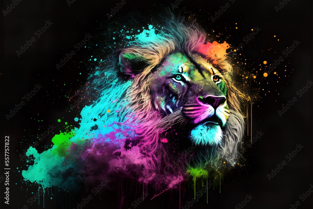 Painted animal with paint splash painting technique on colorful background lion - obrazy, fototapety, plakaty 