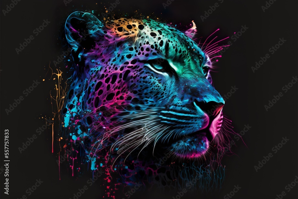 Painted animal with paint splash painting technique on colorful background jaguar - obrazy, fototapety, plakaty 