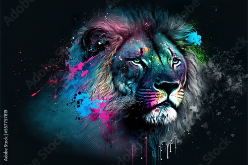 Painted animal with paint splash painting technique on colorful background lion photo