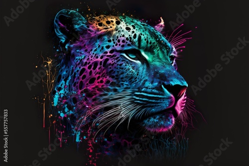 Fotografija Painted animal with paint splash painting technique on colorful background jagua