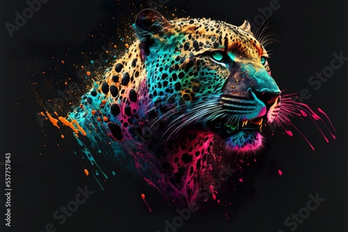 Painted animal with paint splash painting technique on colorful background jaguar