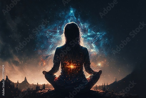 Meditation. Woman sitting back in lotus pose, sky with stars in the background.