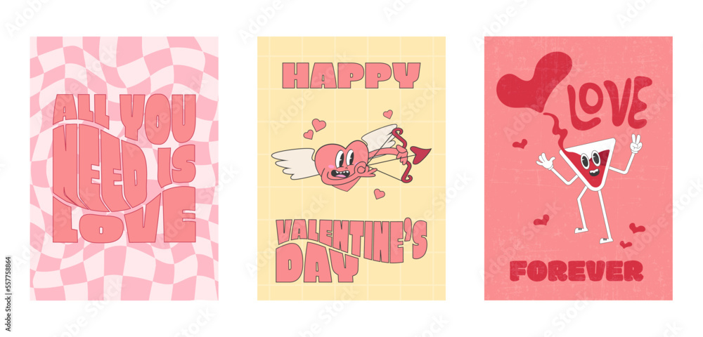 Valentine's day greeting cards in retro cartoon style. vector illustration Valentine's day greeting cards in retro cartoon style. vector illustration