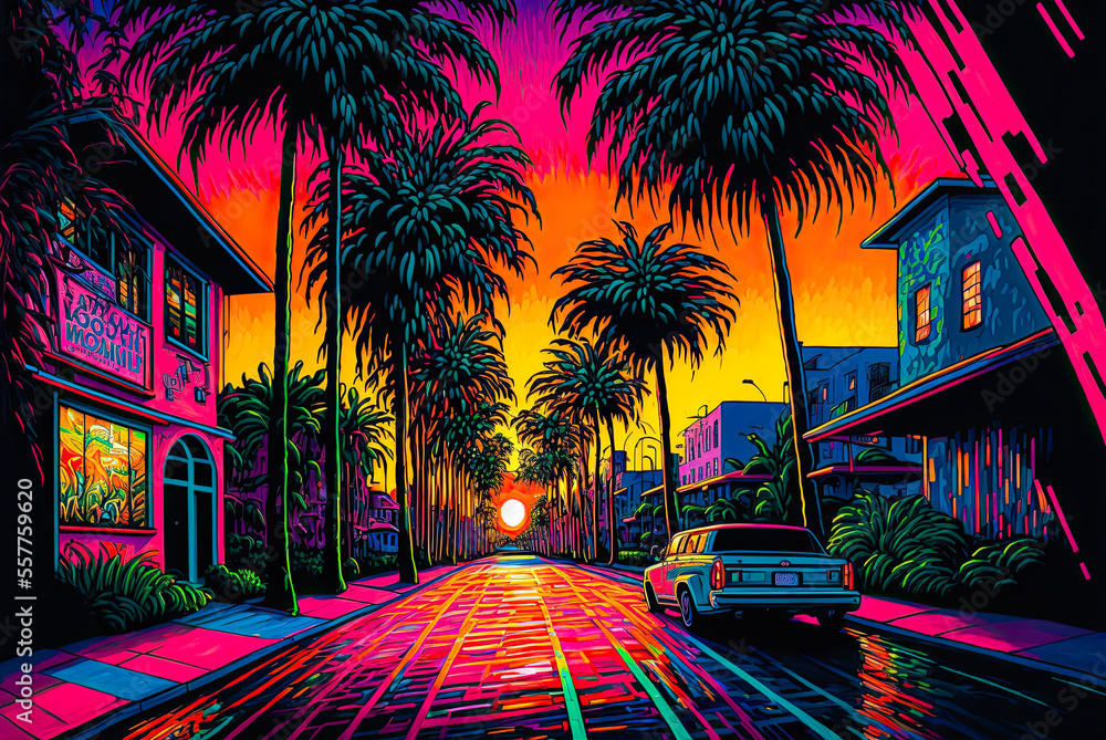 Obraz premium Miami Florida street, acrylic painting. Generative AI