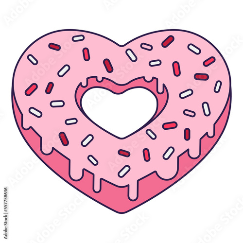 Retro Valentine Day icon donut heart of heart shape. Love symbol in the fashionable pop line art style. The sweet chocolate hearts are soft pink, red, and coral colors. Vector illustration isolated on