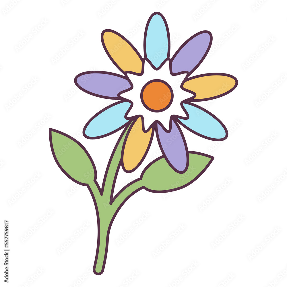 Retro 70s Groovy Hippie sticker daisy flower. Psychedelic cartoon element -funky illustration in vintage hippy style. Vector flat illustration for banner, flyer, invitation, card. Retro 70s Groovy Hippie sticker daisy flower. Psychedelic cartoon element -funky illustration in vintage hippy style. Vector flat illustration for banner, flyer, invitation, card.