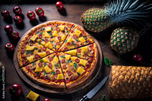 Pineapple pizza. Generative AI photo