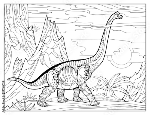 Coloring book for children and adults. Illustration of brontosaurus. Prehistoric dinosaur. Jurassic world. Black and white vector. Zentangle style image. Printable page for drawing and meditation.