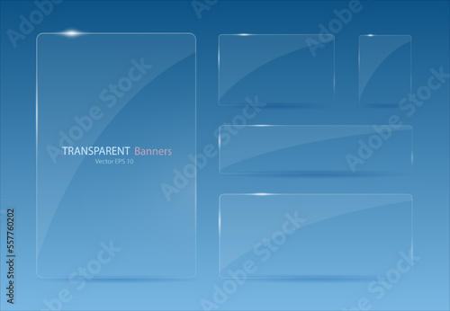 A set of glass banners on a blue background. Transparent banners with reflections and highlights. Vector illustration.