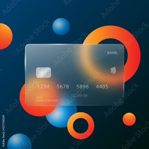 A credit card in the style of glasmophism on an abstract dark blue background. Transparent map with highlights. Vector illustration.