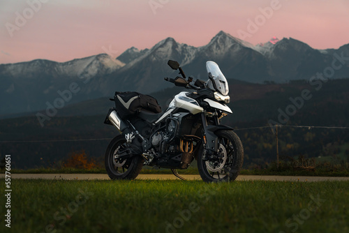 Triumph Tiger motorcycle in mountains