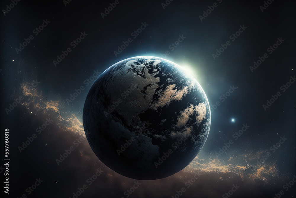 realistic Earth in space, with backdrop stars spinning and fading. Generative AI