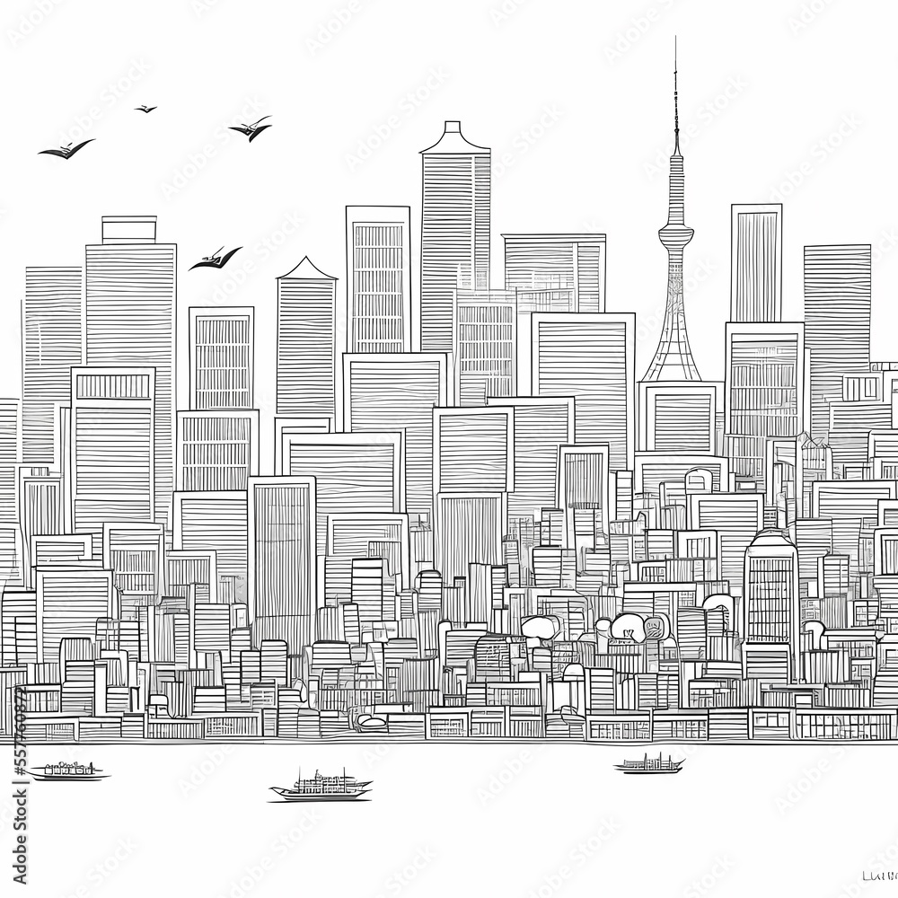 Pencil drawing of the skyline of Tokyo - Generative AI