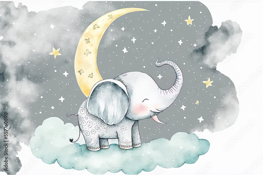 Elephant Moon Clouds and Stars Watercolor Illustration of Animals Isolated on White Background