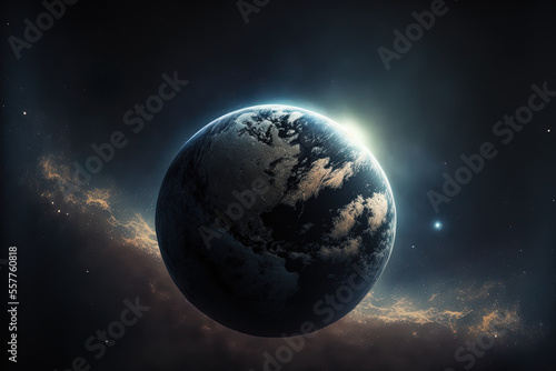 realistic Earth in space  with backdrop stars spinning and fading. Generative AI