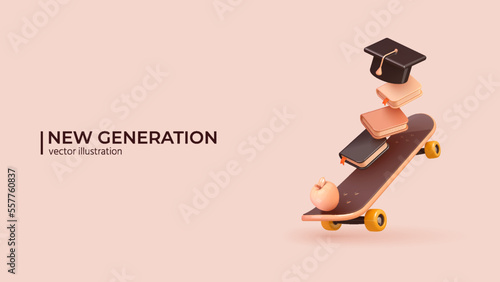 3D - New Generation Concept. Realistic 3d Design of Skateboard, book and College cap, graduation cap, mortar board. Education, degree ceremony. Vector illustration in cartoon minimal style.