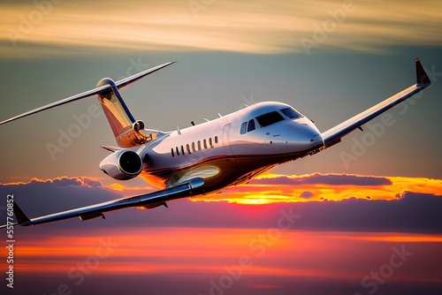 Private jet airplane in the sky at sunset. Photorealistic illustration. Generative art.