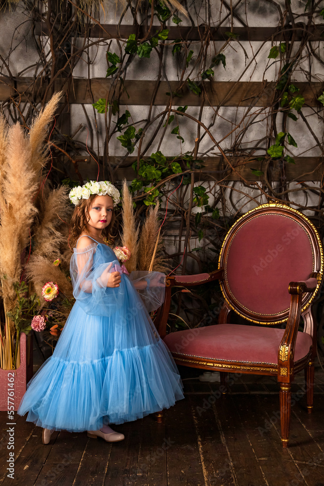 Little girl princess posing in art light blue dress with wreath of flowers on head, standing in mystery decorated room, looking at camera. Fantasy art photo, fairy tale concept. Copy text space