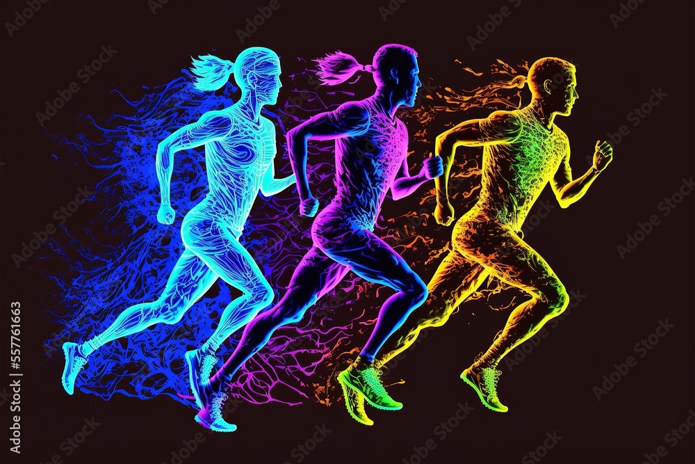 Athletics sports person doing athletic playing different sports and recreation, running, jogging getting fit with exercise and exercising, silhouette glow neon paint. Generative AI