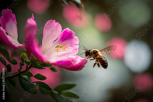 A bee flying near a stunning pink bloom in a Hong Kong garden is selectively focused. Generative AI © 2rogan