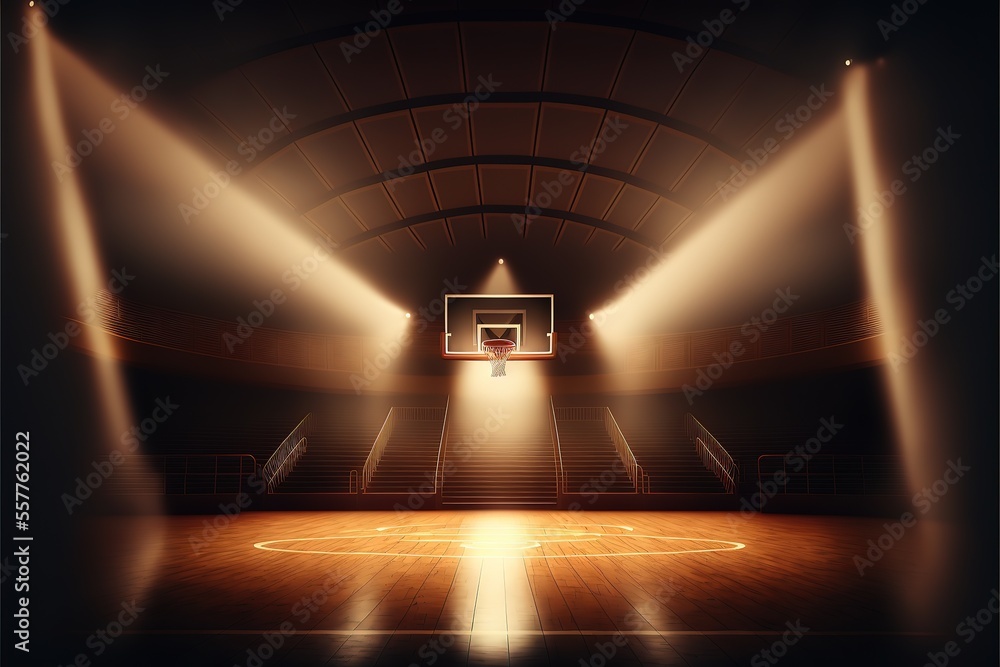 Interior view of an illuminated basketball stadium for a game. Generative AI - obrazy, fototapety, plakaty 