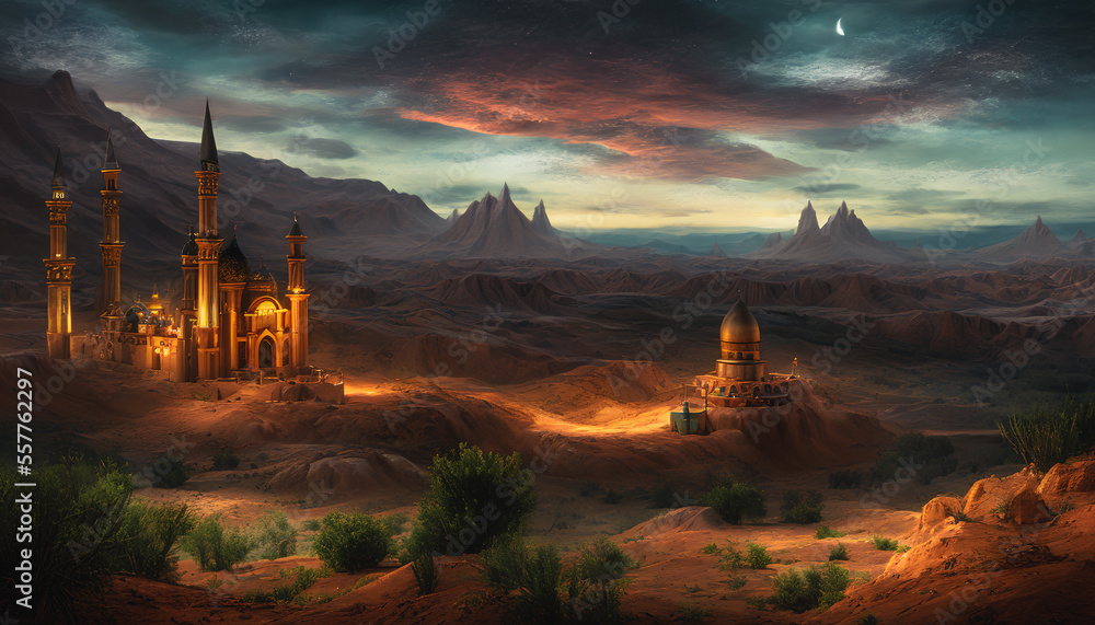 Majestic mosque located on a sandy desert, surrounded by towering dunes and a clear blue sky. Generative AI