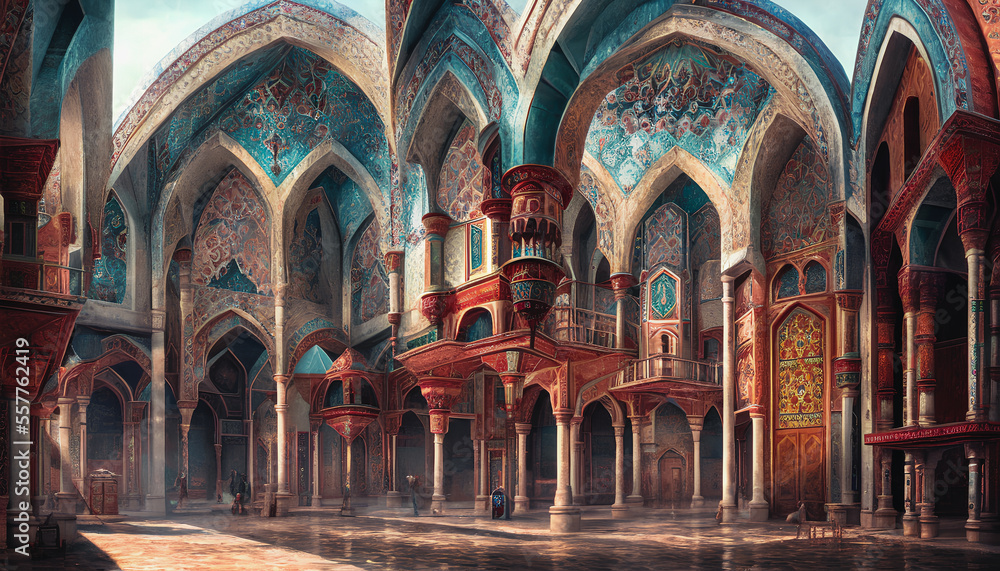 Obraz premium Majestic mosque located on a sandy desert, surrounded by towering dunes and a clear blue sky. Generative AI