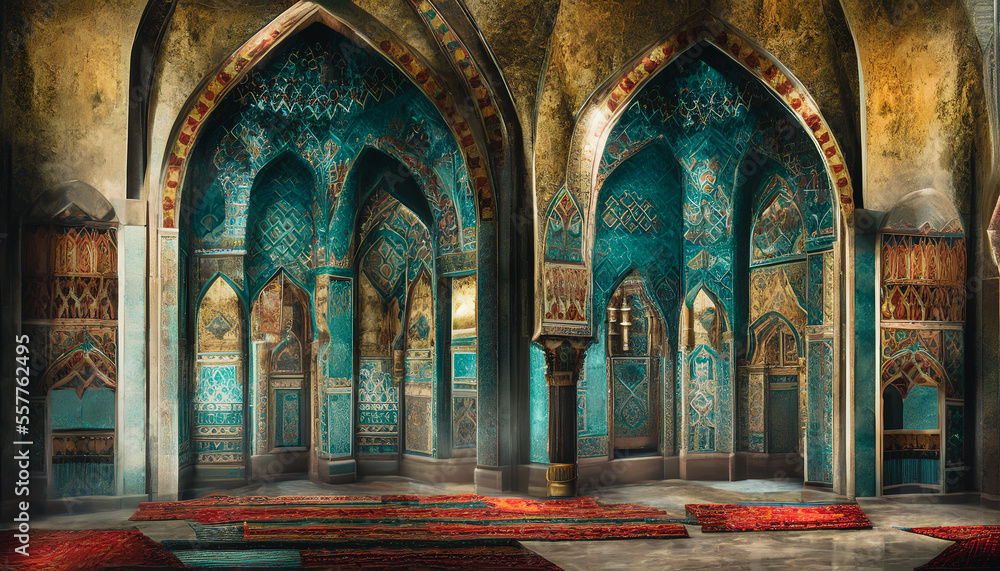 Fototapeta premium Majestic mosque located on a sandy desert, surrounded by towering dunes and a clear blue sky. Generative AI