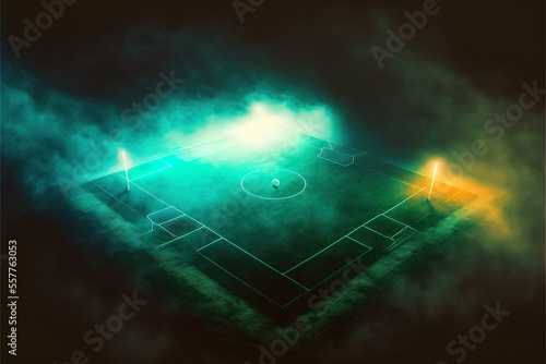 textured soccer game field with neon fog - center, midfield. Generative AI