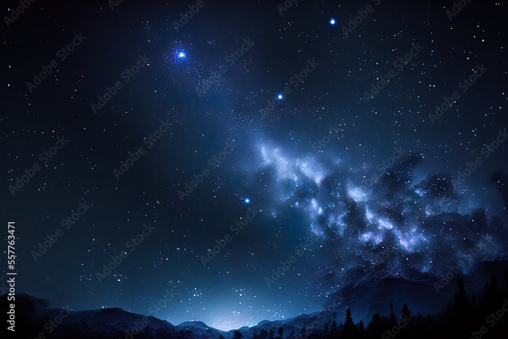 Dark blue night with stars the Milky Way galaxy, the moon, and the stars in the night sky. Generative AI
