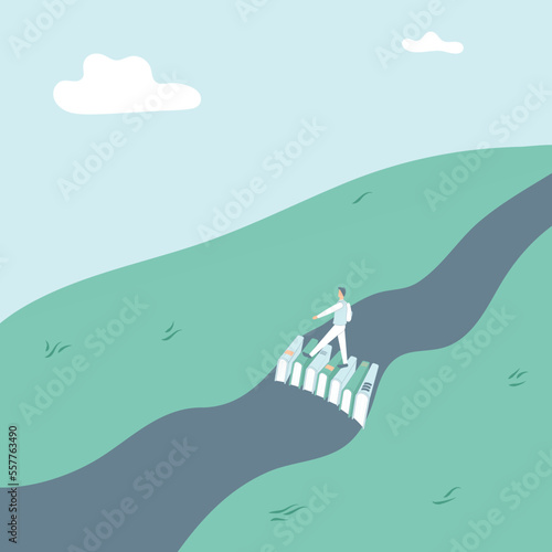 Concept: book is source of knowledge.Tiny man crosses river on bridge consisting of books. Book as aid in overcoming difficulties and obstacles in life.Hand-drawn vector