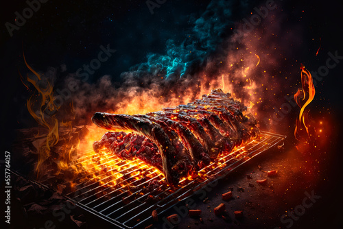 Juicy dripping grilled ribs with smoke and fire background